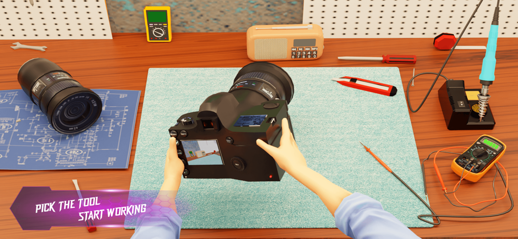 First person view of repairing a digital camera on a workbench in Electrician Simulator Game