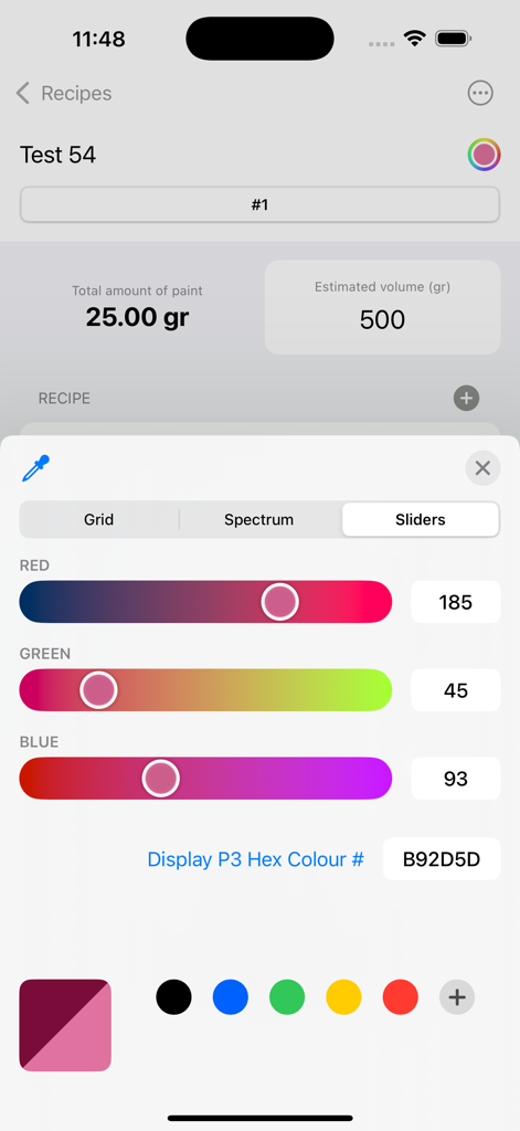 AutoPaint Pro - Interfaz del selector de color de la aplicación AutoPaint Pro que muestra deslizadores RGB y código hexadecimal para una mezcla precisa de pintura