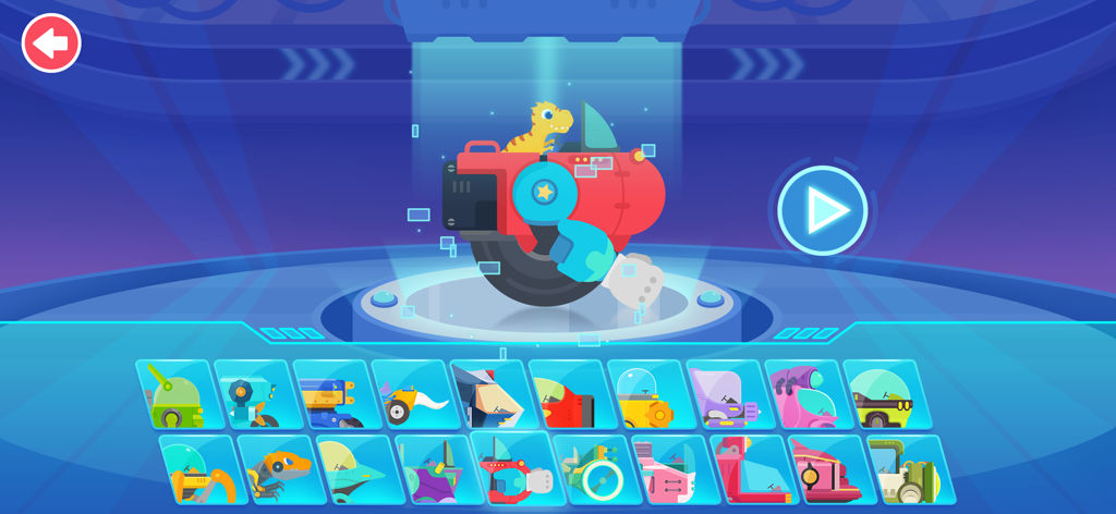 Dinosaur Math - Games for kids - 공룡 수학에서 다양한 색상의 배틀 로봇과 공룡 조종사 캐릭터를 보여주는 선택 화면.