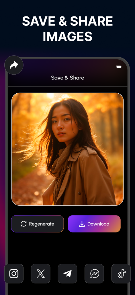 AI image generator - Maker - Mobile app interface titled Save and Share Images showing a generated portrait of a woman with download and social media sharing options