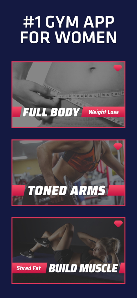 App interface showing workout categories for women including weight loss toned arms and muscle building
