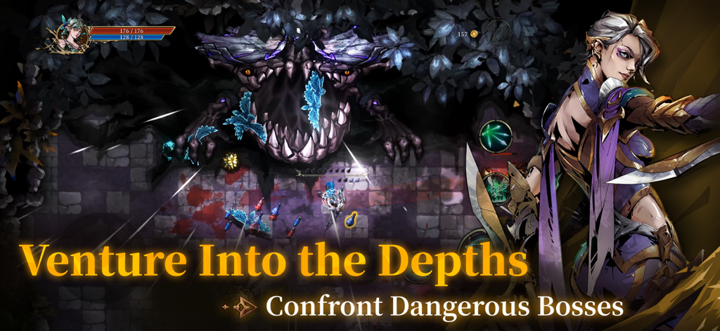 Shadow of the Depth - A player character confronting a massive monster boss in a dark dungeon within the game Shadow of the Depth.