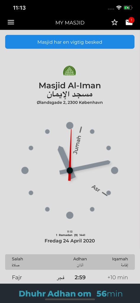 My Masjid Community - The dashboard of the My Masjid Community app showing daily prayer times and alerts