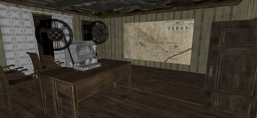 A creepy room in the horror clown game featuring a vintage film projector and a map of Derry on the wall.