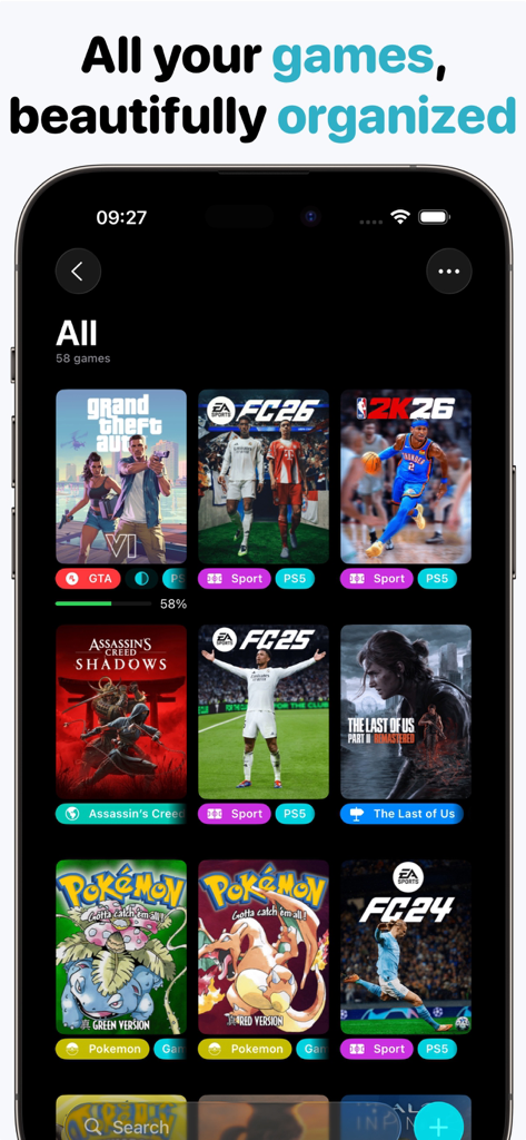 Game Tracker: Play & log - Game Tracker App zeigt eine organisierte Videospielbibliothek mit Cover-Art und Tags auf einem iPhone