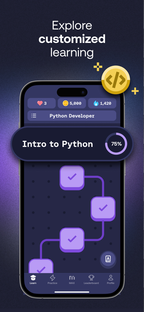 Mimo app interface showing a customized Python developer learning path with progress tracking and gamified lessons