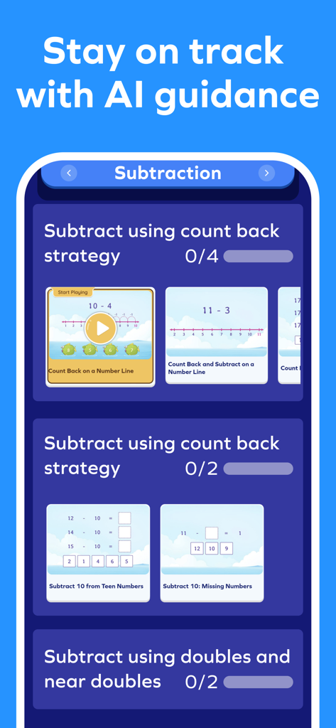 Splash Math app interface showing subtraction learning modules with AI guidance and progress bars