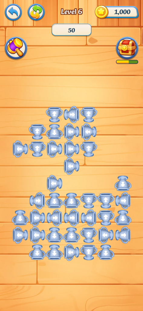 Block Mania:Tap away - Gameplay screenshot of Block Mania Tap Away showing trophy shaped puzzle blocks with directional arrows on a wooden background.