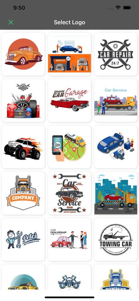 Uma tela de aplicativo móvel exibindo uma grade de modelos de logos para serviços automotivos e a indústria automotiva.