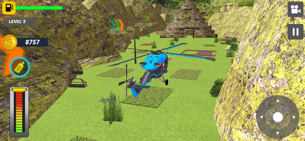 Airplane Game Flight Simulator - Un elicottero blu vola attraverso una valle montana in un gioco simulatore di volo 3D.