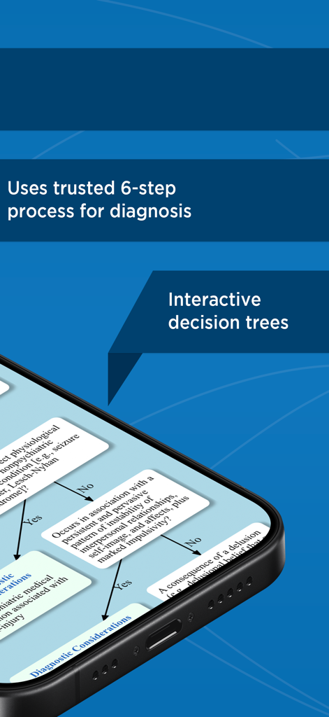 Un dispositivo mobile che visualizza un diagramma di flusso dell'albero decisionale interattivo per la diagnosi psichiatrica