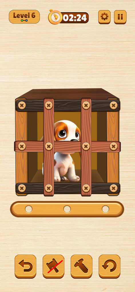 Wood Nuts & Bolt: Screw Puzzle - Un lindo cachorro atrapado detrás de barras de madera con tornillos en el juego Wood Nuts and Bolts Screw Puzzle.
