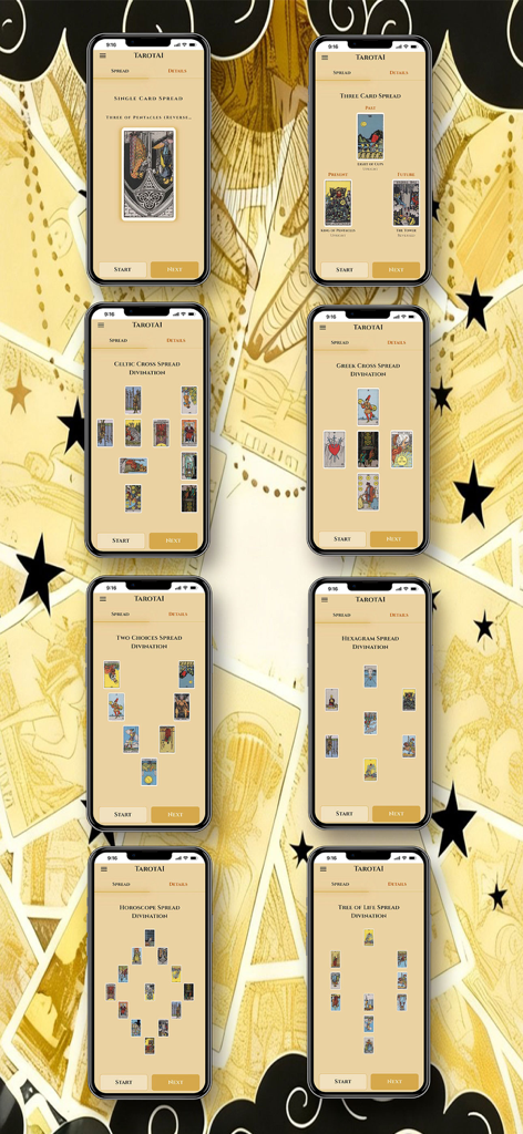 TarotAI - Daily Card Readings - Colage de pantallas de la aplicación TarotAI que muestran varios tipos de tiradas de tarot, incluyendo diseños de Cruz Celta y Horóscopo.