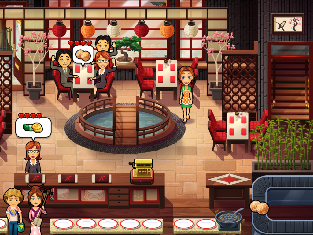 Emily sirviendo a clientes en un restaurante de temática japonesa con un estanque central y una cinta transportadora de sushi