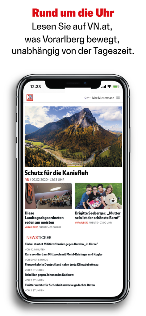 Smartphone displaying the VN Vorarlberger Nachrichten news app with local Austrian headlines and a mountain landscape photo