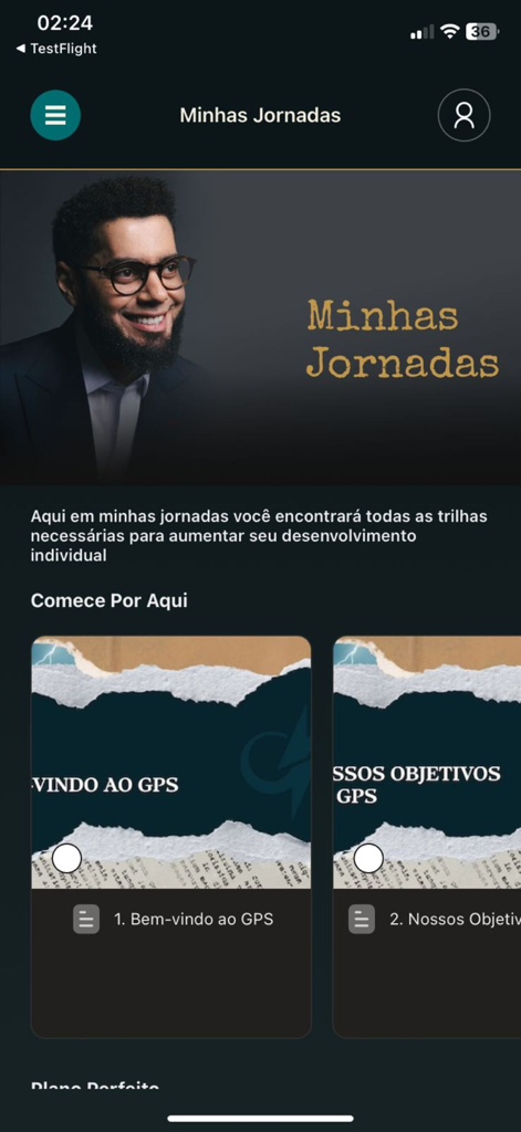 Marca Passosアプリのダッシュボード画面。個人の成長ジャーニーモジュールが表示されています。