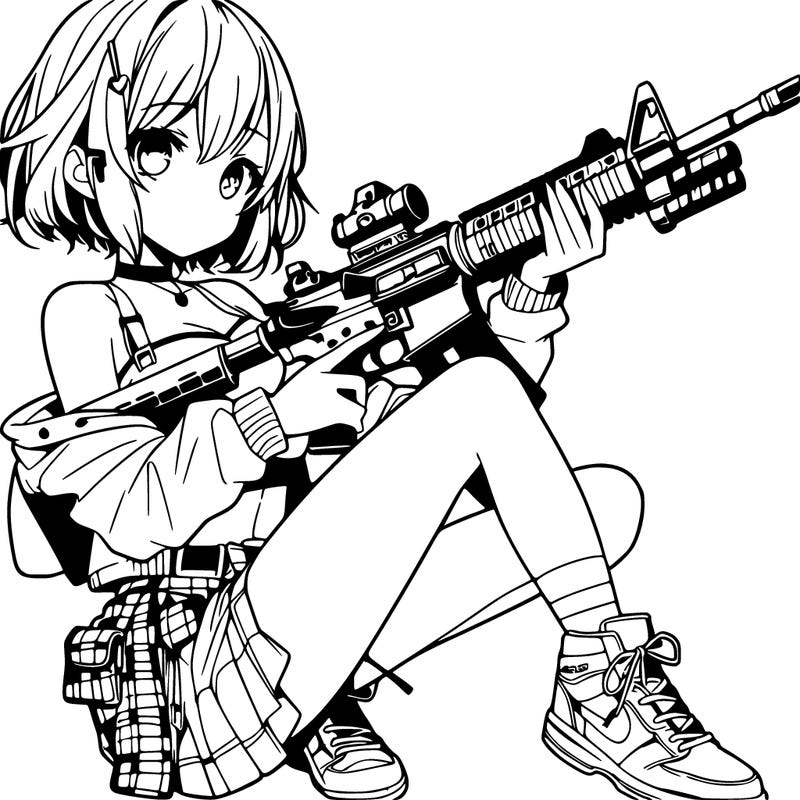 girl holding a rifle in her hand in a cool pose manga