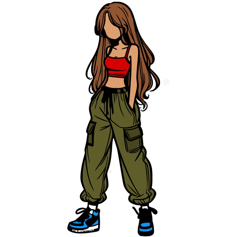 girl in baggy pants crop top and long hair