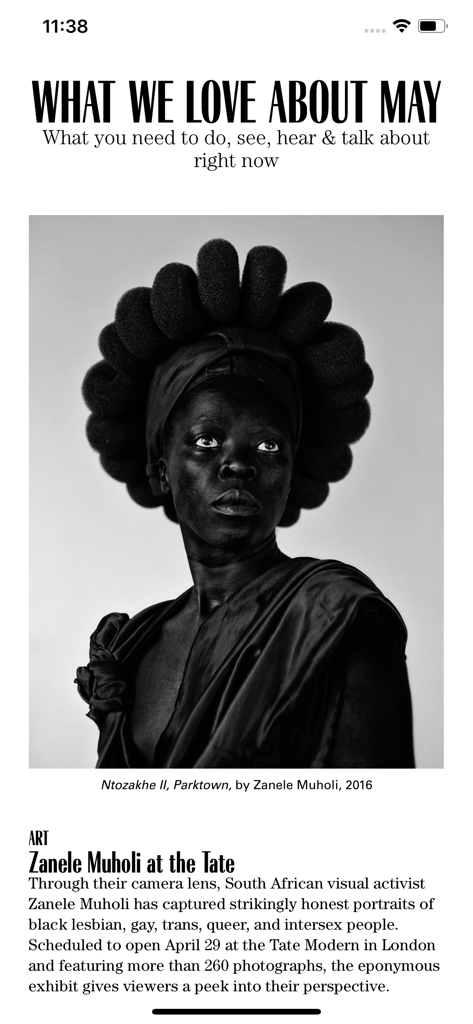 Marie Claire Magazine US - A screenshot of the Marie Claire app featuring an art article about Zanele Muholi at the Tate Modern.