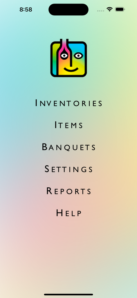 BarkeepApp main menu with options for inventories items and reports