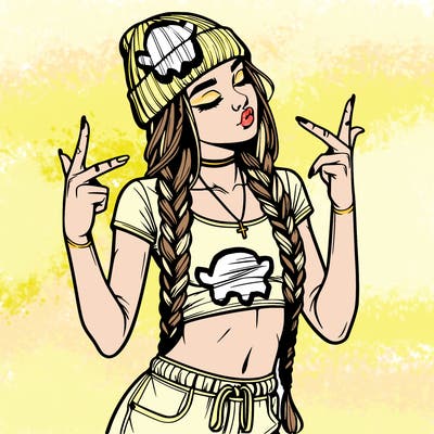 realistic teenage girl with braids and a beanie and crop top doing 🫶🏼