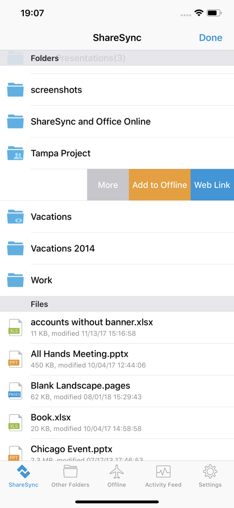 ShareSync mobile app interface showing a list of enterprise folders and documents with options for offline access