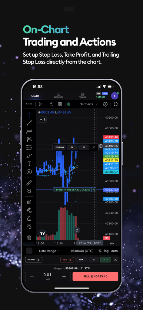 Interfaz de la aplicación móvil TradeLocker mostrando operaciones en el gráfico con controles de stop loss y take profit