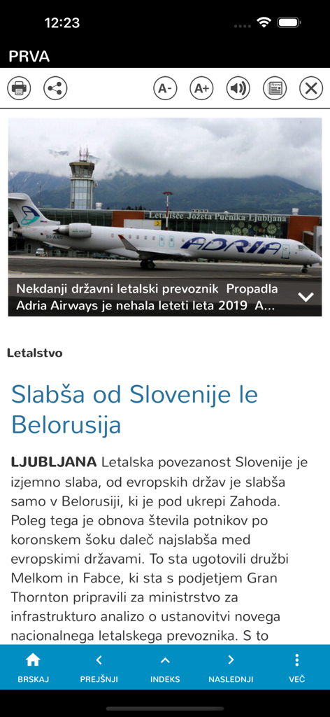 Primorski - Articolo di notizie sloveno sull'aviazione sull'app mobile Primorski