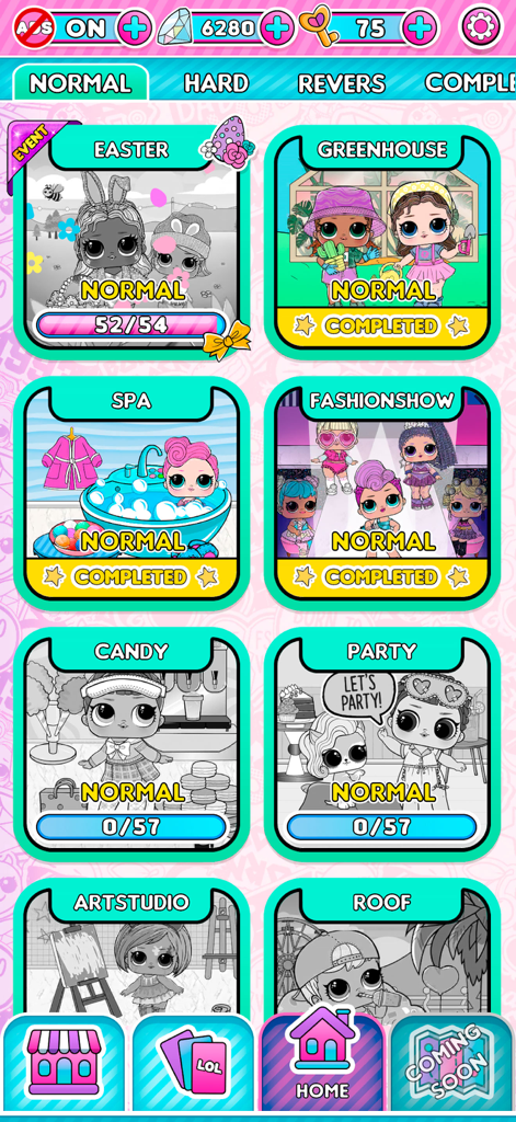 L.O.L. Surprise! Sticker Book - L.O.L. Surprise Sticker Bookアプリのレベル選択画面。スパ、ファッションショー、温室などのテーマ別パズルカテゴリーが表示されている。