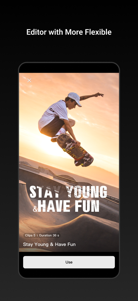 Un modello di editing video nell'app DJI Mimo con un modello di skater al tramonto.