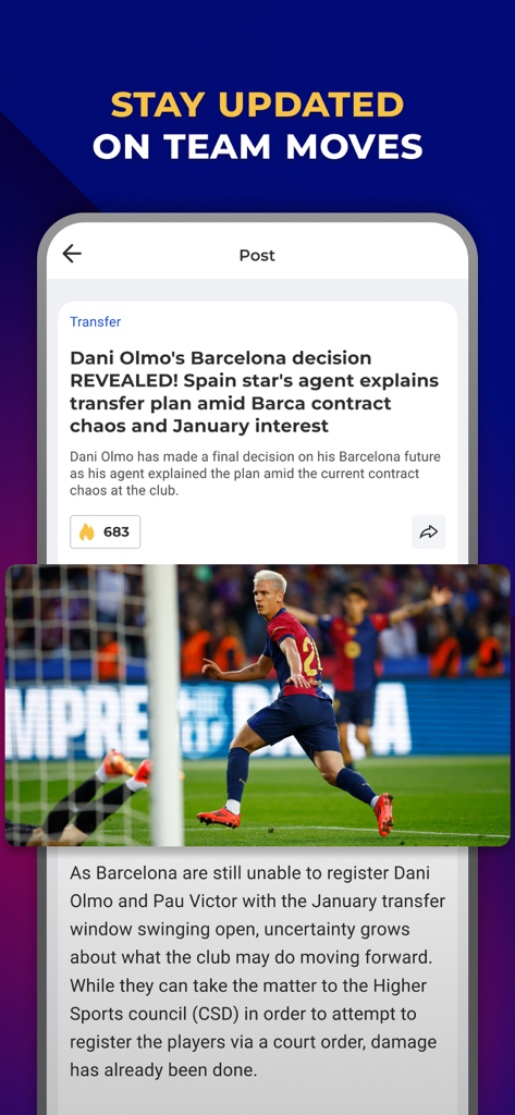 Barcelona Live - For Barca Fan - Barcelona Live app screen showing the latest transfer news and team moves for FC Barcelona fans