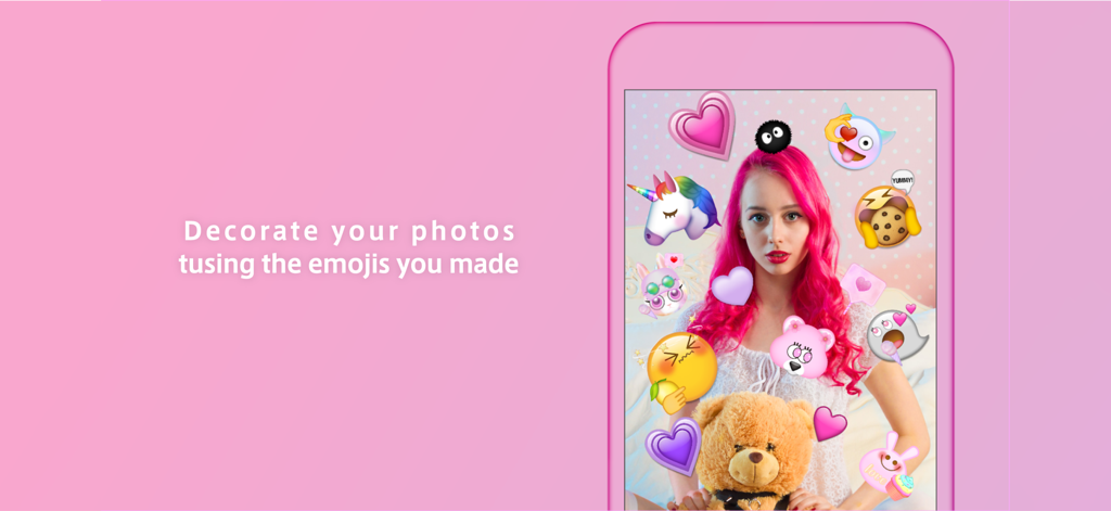 Emojil - A smartphone screen displaying a photo of a young woman decorated with various colorful custom emojis