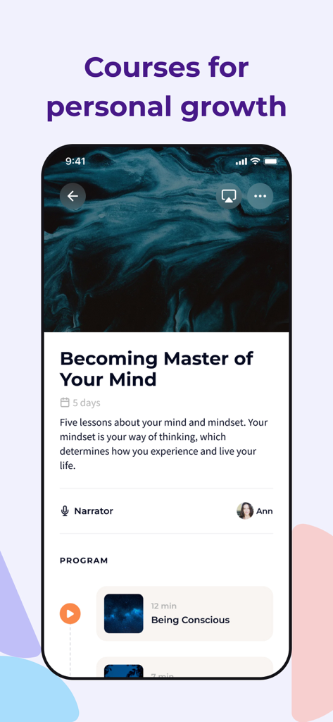 Bildschirm eines mobilen Apps, der einen Kurs für persönliches Wachstum mit dem Titel Becoming Master of Your Mind zeigt.