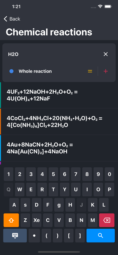 Periodic Table 2025 PRO - Interface of the chemical reactions section showing balanced equations and a specialized chemistry keyboard.
