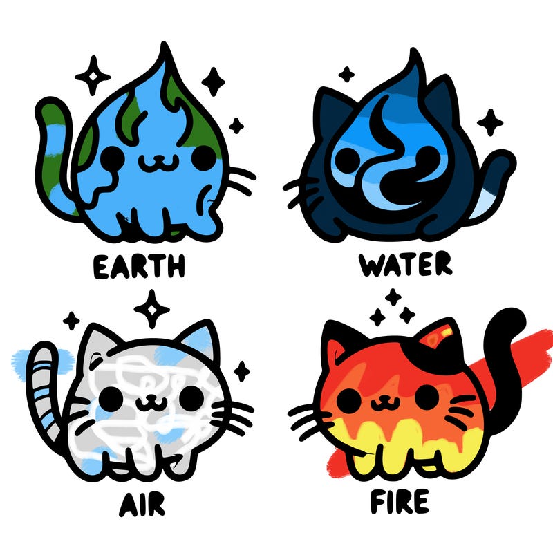 4 cats that represent the different elements, earth, water, air, and fire