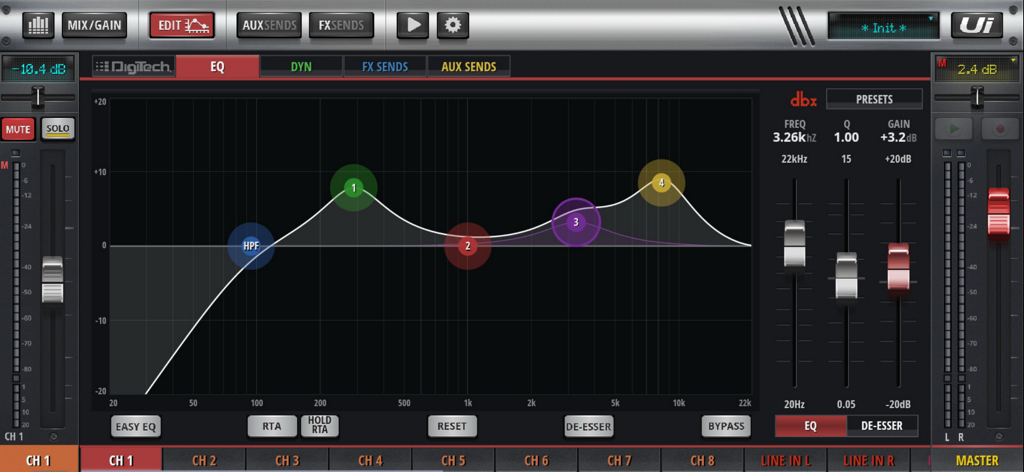 MyMixTool app interface showing the parametric equalizer settings for a digital audio mixer