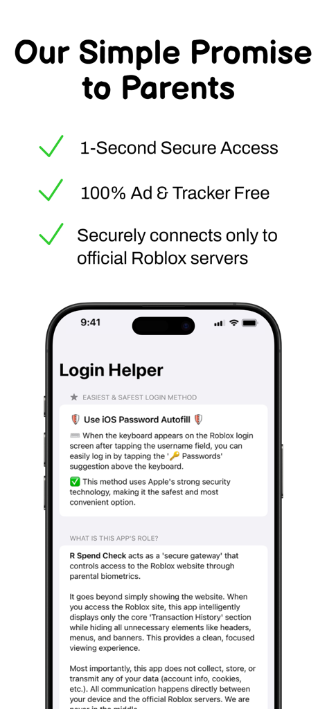 Child Spend Tracker for Roblox - Una pantalla promocional para la aplicación Rastreador de Gastos Infantiles para Roblox destacando el acceso seguro, promesas de privacidad y asistencia de inicio de sesión.