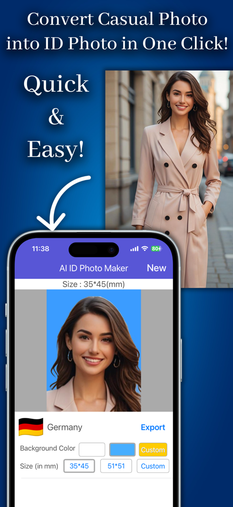 Capture d'écran d'une application mobile montrant la conversion d'un portrait décontracté en une photo d'identité allemande professionnelle à l'aide de la suppression d'arrière-plan et du redimensionnement par IA.