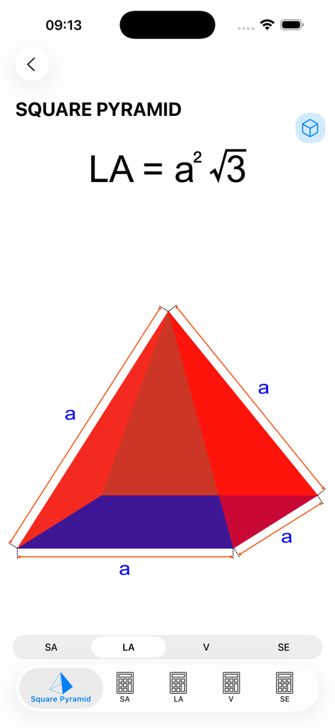 Geometry!! - Geometryアプリでの正方形ピラミッドの対話型3Dビジュアルとその側面積の公式。