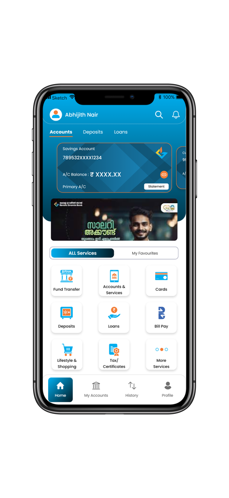 Home screen of the KGB Infi mobile banking app featuring account balance fund transfer and bill payment options