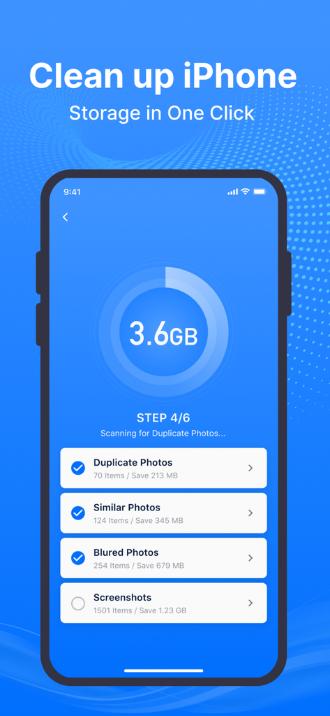 Swift Cleaner-Clean Up Storage - Swift Cleaner app interface showing a scan of duplicate photos and screenshots to free up iPhone storage space