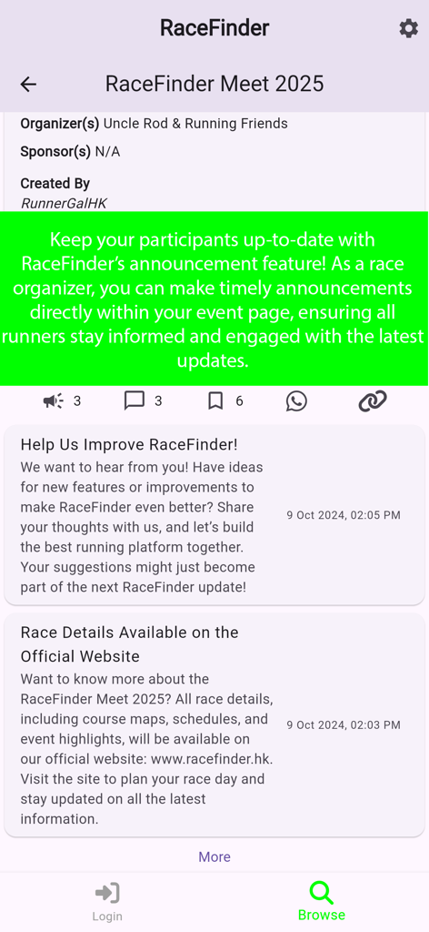 RaceFinder - RaceFinder mobile app interface showing a list of event announcements for RaceFinder Meet 2025