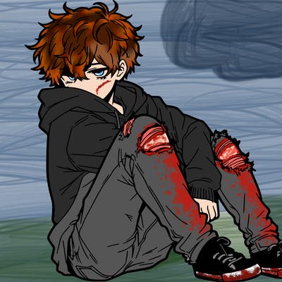 a male hoddie ripped jeans messy hair anime