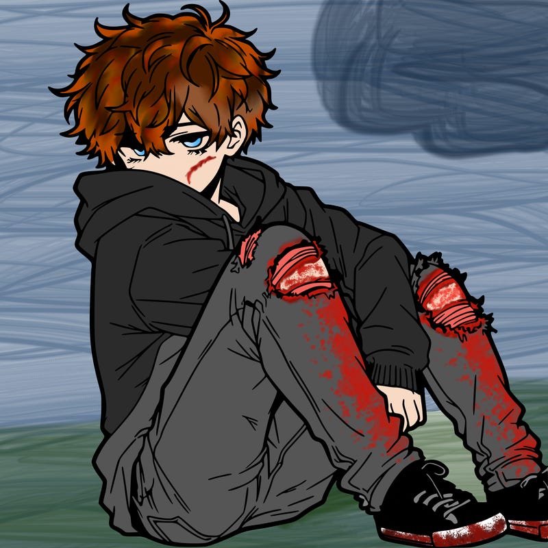 a male hoddie ripped jeans messy hair anime