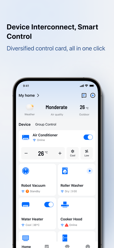Haismart app interface showing a dashboard for controlling various smart home appliances like air conditioners and washing machines.