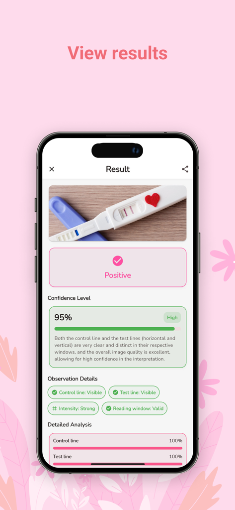 Pregnancy Test AI Scan - Mobile app screen showing a positive pregnancy test result with a ninety five percent confidence score and AI analysis