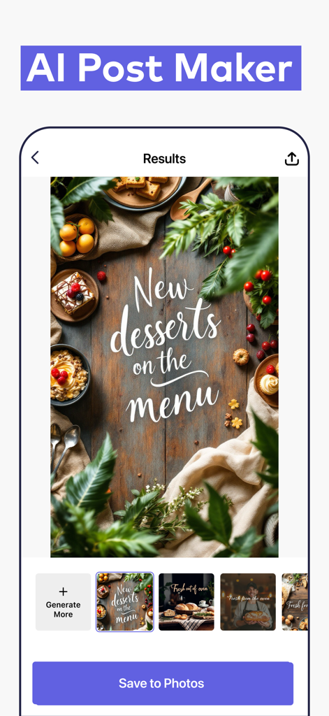 Impresso app interface displaying AI generated social media post results for a bakery menu