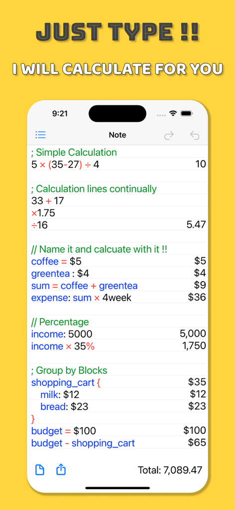Note Calculator - Text Editor - Note Calculator app interface showing text based math calculations with variables and labels on an iPhone