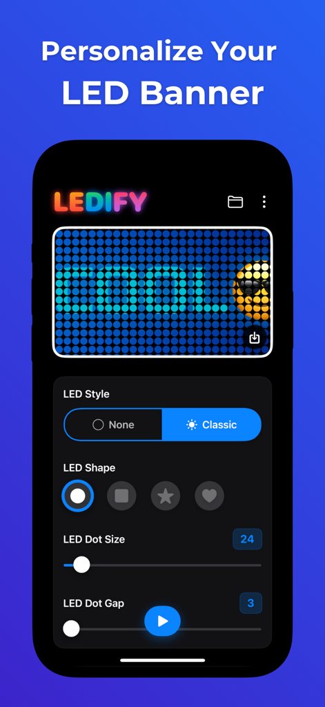 LED Scroller: Ledify - Interfaz de la aplicación LED Scroller Ledify mostrando opciones de personalización para banners LED, incluyendo ajustes de forma y tamaño
