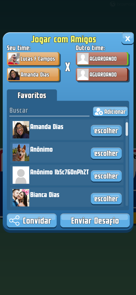 Screen of Truco Brasil app showing the multiplayer lobby to play with friends and choose team members